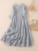 Ramie Solid Loose Pleated Dress