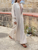 Women's Solid Color Deep V Neck Split Beach Holiday Cotton Linen Dress