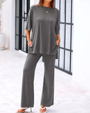Casual 2-Piece Loose-Fit Short Sleeve Top & Wide-Leg Pants Set with Pockets