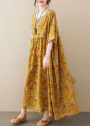 Natural light Yellow O-Neck Pockets Print Summer Sundress