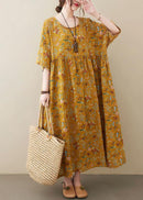 Natural light Yellow O-Neck Pockets Print Summer Sundress