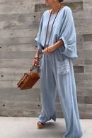Women's casual bat sleeve top and pants cotton and linen two-piece set
