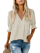 Women's Solid Casual V Neck Puff Sleeve Shirts (Buy 2 Free Shipping)