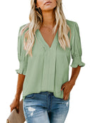 Women's Solid Casual V Neck Puff Sleeve Shirts (Buy 2 Free Shipping)