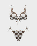 Trendy Ruched Check Print Triangle Bikini Set