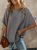 Dokotoo Women's Casual Oversized Short Sleeve Solid Color Loose Texture Knit Tunic Tops Blouses