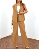 PRETTYGARDEN Women's Summer 2 Piece Outfits 2025 Cap Sleeve V Neck Blazer Vest Wide Leg Pant Sets Office Work Clothes