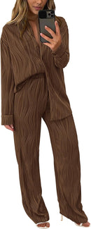 Women's 2 Piece Textured Sets Casual Button Down Shirt Wide Leg Pants Outfit Loungewear Tracksuit