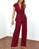 PRETTYGARDEN Women's Summer 2 Piece Outfits 2025 Cap Sleeve V Neck Blazer Vest Wide Leg Pant Sets Office Work Clothes