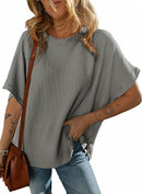 Dokotoo Women's Casual Oversized Short Sleeve Solid Color Loose Texture Knit Tunic Tops Blouses