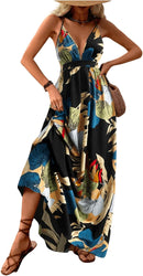 MakeMeChic Women's Boho V Neck Sleeveless Maxi Sundress Floral Print Criss Cross Backless Flare Cami Dress