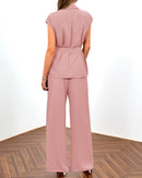 PRETTYGARDEN Women's Summer 2 Piece Outfits 2025 Cap Sleeve V Neck Blazer Vest Wide Leg Pant Sets Office Work Clothes