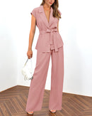 PRETTYGARDEN Women's Summer 2 Piece Outfits 2025 Cap Sleeve V Neck Blazer Vest Wide Leg Pant Sets Office Work Clothes