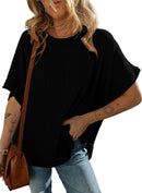 Dokotoo Women's Casual Oversized Short Sleeve Solid Color Loose Texture Knit Tunic Tops Blouses