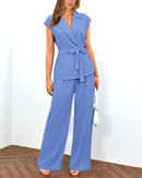 PRETTYGARDEN Women's Summer 2 Piece Outfits 2025 Cap Sleeve V Neck Blazer Vest Wide Leg Pant Sets Office Work Clothes