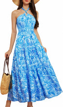 GRACE KARIN Women's Summer Dresses 2025 Halter Neck Sleeveless Smocked Backless Cut Out Floral Flowy A Line Maxi Dress