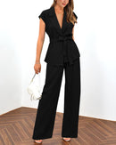 PRETTYGARDEN Women's Summer 2 Piece Outfits 2025 Cap Sleeve V Neck Blazer Vest Wide Leg Pant Sets Office Work Clothes