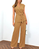 PRETTYGARDEN Women's Summer 2 Piece Outfits 2025 Cap Sleeve V Neck Blazer Vest Wide Leg Pant Sets Office Work Clothes