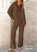 Women's 2 Piece Textured Sets Casual Button Down Shirt Wide Leg Pants Outfit Loungewear Tracksuit