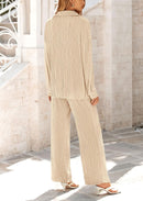Women's 2 Piece Textured Sets Casual Button Down Shirt Wide Leg Pants Outfit Loungewear Tracksuit