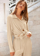 Women's 2 Piece Textured Sets Casual Button Down Shirt Wide Leg Pants Outfit Loungewear Tracksuit