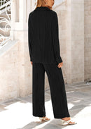 Women's 2 Piece Textured Sets Casual Button Down Shirt Wide Leg Pants Outfit Loungewear Tracksuit