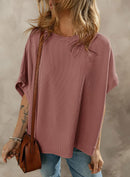 Dokotoo Women's Casual Oversized Short Sleeve Solid Color Loose Texture Knit Tunic Tops Blouses