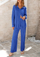 Women's 2 Piece Textured Sets Casual Button Down Shirt Wide Leg Pants Outfit Loungewear Tracksuit