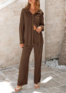 Women's 2 Piece Textured Sets Casual Button Down Shirt Wide Leg Pants Outfit Loungewear Tracksuit