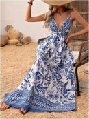 MakeMeChic Women's Boho V Neck Sleeveless Maxi Sundress Floral Print Criss Cross Backless Flare Cami Dress