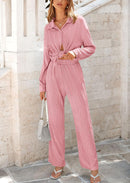Women's 2 Piece Textured Sets Casual Button Down Shirt Wide Leg Pants Outfit Loungewear Tracksuit