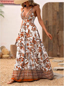 MakeMeChic Women's Boho V Neck Sleeveless Maxi Sundress Floral Print Criss Cross Backless Flare Cami Dress