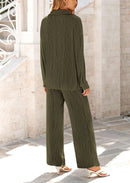 Women's 2 Piece Textured Sets Casual Button Down Shirt Wide Leg Pants Outfit Loungewear Tracksuit