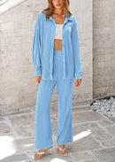 Women's 2 Piece Textured Sets Casual Button Down Shirt Wide Leg Pants Outfit Loungewear Tracksuit