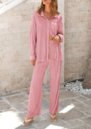 Women's 2 Piece Textured Sets Casual Button Down Shirt Wide Leg Pants Outfit Loungewear Tracksuit