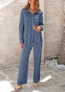 Women's 2 Piece Textured Sets Casual Button Down Shirt Wide Leg Pants Outfit Loungewear Tracksuit