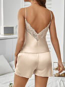 🧚Women Satin Pajama Set Sexy V Neck Backless Lace Sleepwear