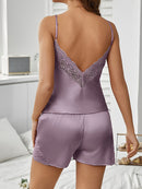 🧚Women Satin Pajama Set Sexy V Neck Backless Lace Sleepwear