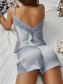 🧚Women Satin Pajama Set Sexy V Neck Backless Lace Sleepwear