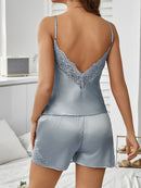 🧚Women Satin Pajama Set Sexy V Neck Backless Lace Sleepwear