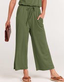 ANRABESS Short Sleeve V Neck Elastic Waist Wide Leg Cropped Pant Jumpsuits Rompers