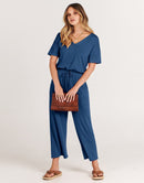 ANRABESS Short Sleeve V Neck Elastic Waist Wide Leg Cropped Pant Jumpsuits Rompers