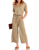 ANRABESS Short Sleeve V Neck Elastic Waist Wide Leg Cropped Pant Jumpsuits Rompers