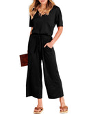 ANRABESS Short Sleeve V Neck Elastic Waist Wide Leg Cropped Pant Jumpsuits Rompers