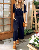 ANRABESS Short Sleeve V Neck Elastic Waist Wide Leg Cropped Pant Jumpsuits Rompers
