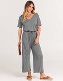 ANRABESS Short Sleeve V Neck Elastic Waist Wide Leg Cropped Pant Jumpsuits Rompers