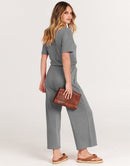 ANRABESS Short Sleeve V Neck Elastic Waist Wide Leg Cropped Pant Jumpsuits Rompers