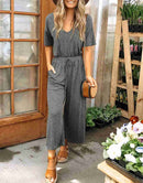 ANRABESS Short Sleeve V Neck Elastic Waist Wide Leg Cropped Pant Jumpsuits Rompers