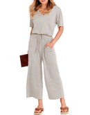 ANRABESS Short Sleeve V Neck Elastic Waist Wide Leg Cropped Pant Jumpsuits Rompers