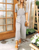 ANRABESS Short Sleeve V Neck Elastic Waist Wide Leg Cropped Pant Jumpsuits Rompers